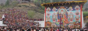 A large embroidered applique of Guru Padmasambhava (Thongdrel) displayed during Paro Tshechu Festival.