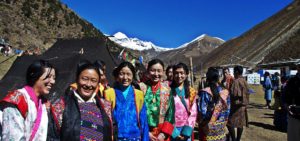 Local women of Jomolhari during the annual mountain festival at the base camp, Jangothang.