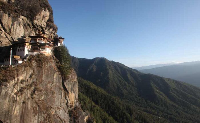 Paro Taktsang popularly known as Tiger's Nest perched on a rocky cliff 800m above the valley floor.